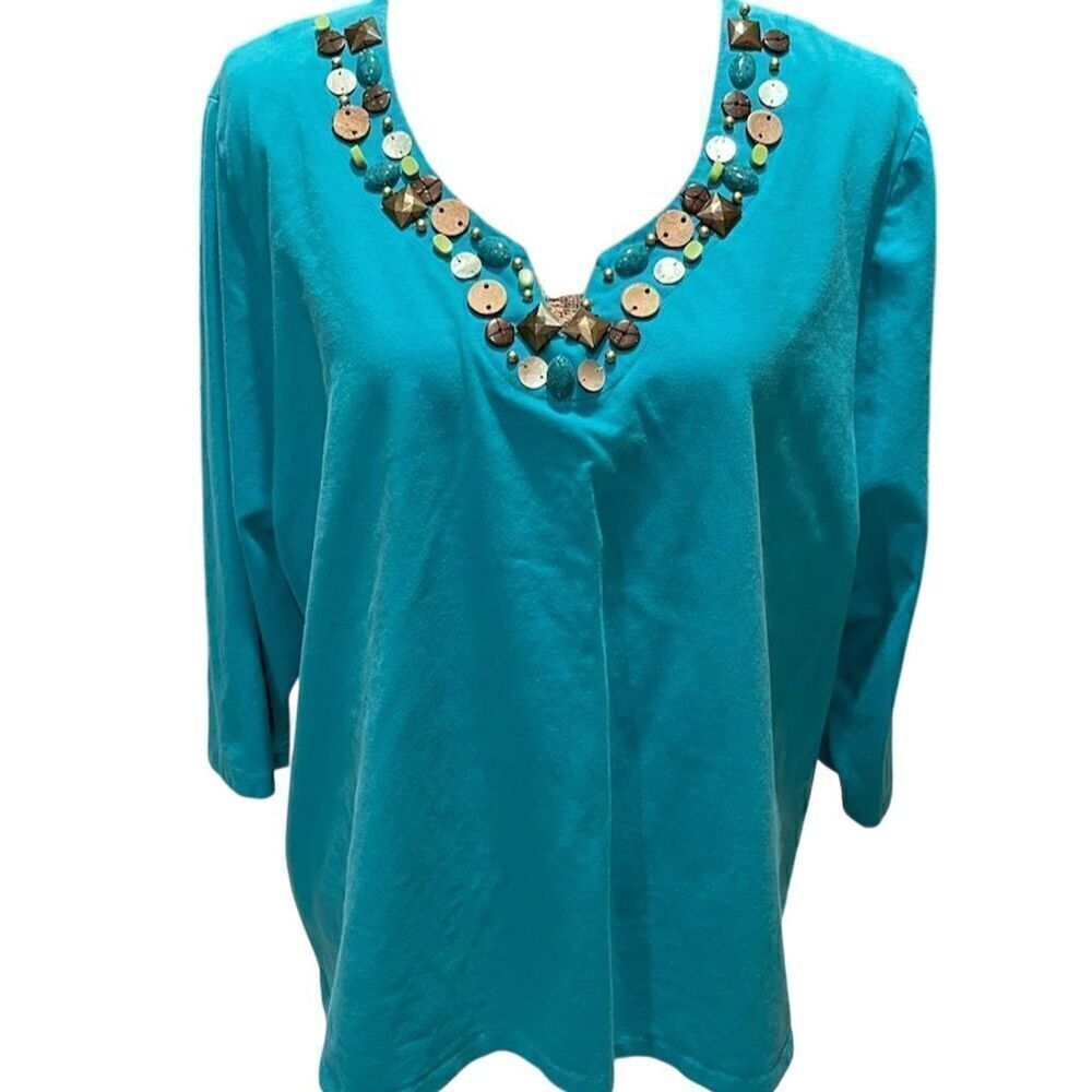 Ruby Rd Women's 2X Teal Beaded V-Neck 3/4 Sleeve Blouse